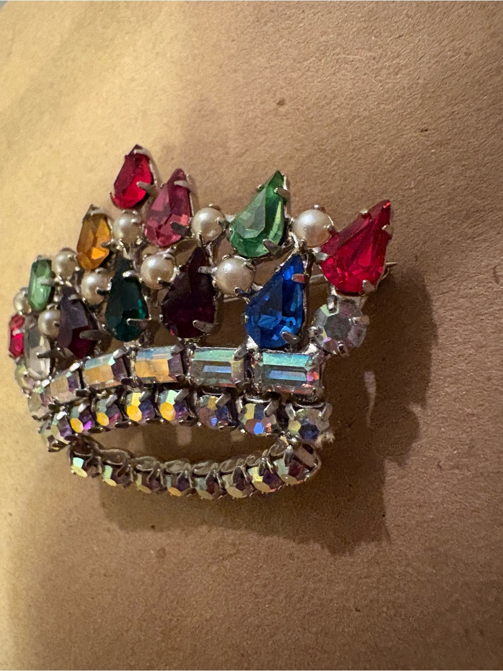 Multicolor Crystal Crown Brooch - Women Accessories